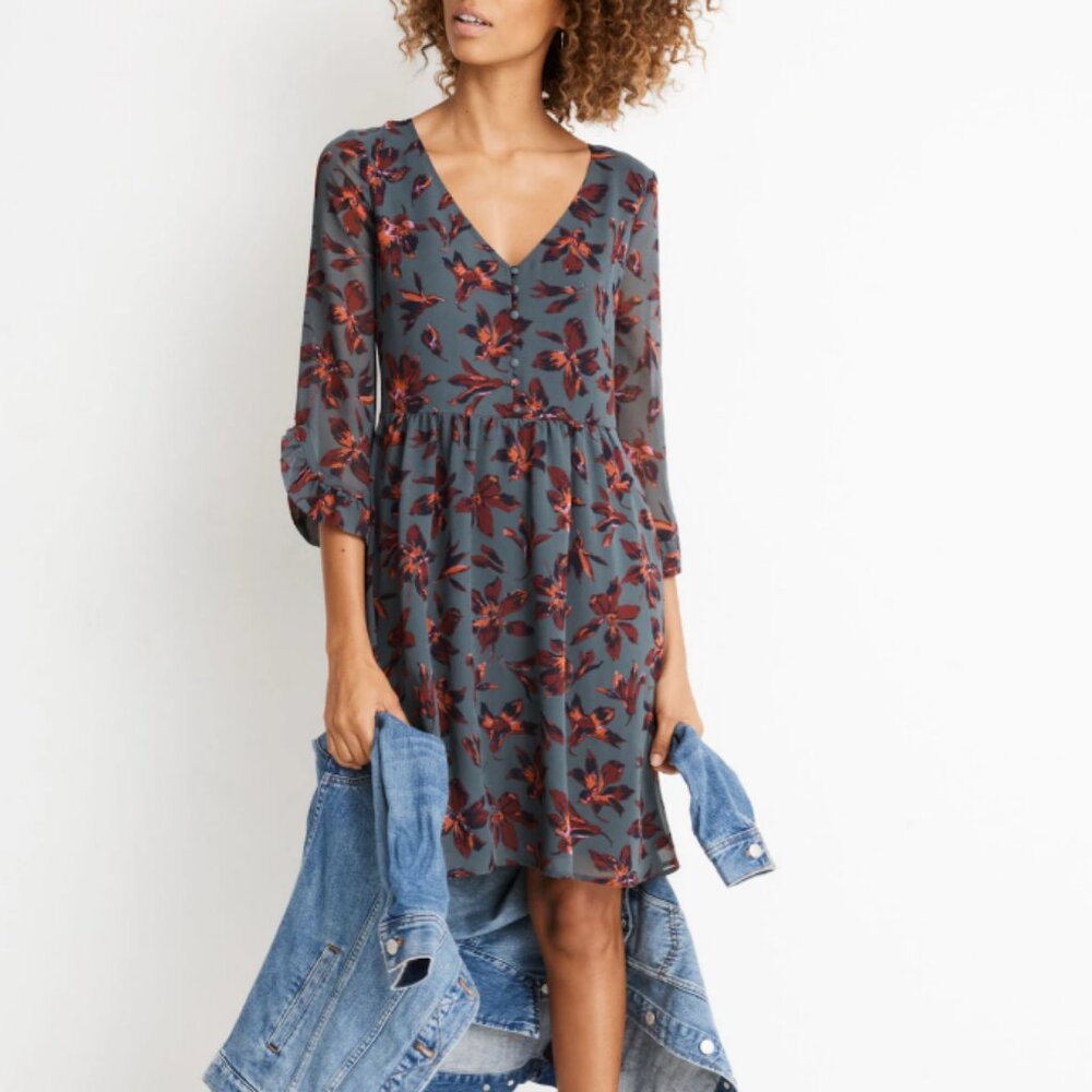 Madewell Moonblossom Ruffle-Sleeve Dress in Winter Orchid Floral Gray Sz 14 NWT